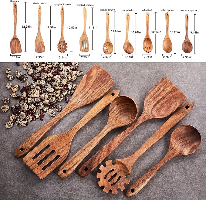 Wooden Kitchen Utensils Set,GUDAMAYE 9 PCE Natural Teak Wooden Spoons For Non-stick Pan for Cooking,-Ruum Studio Home