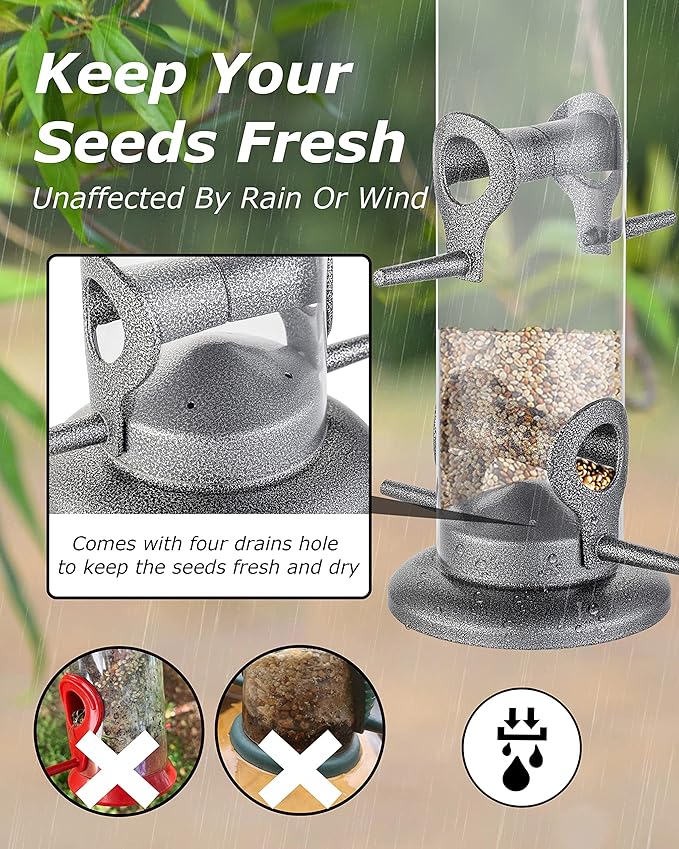 iBorn Metal Bird Feeder Hanging Wild Bird Seed Feeder for Mix Seed Blends Heavy Duty All Metal Silver Finish,14 Inch 6 Port(Seed is not Included)-Ruum Studio Home