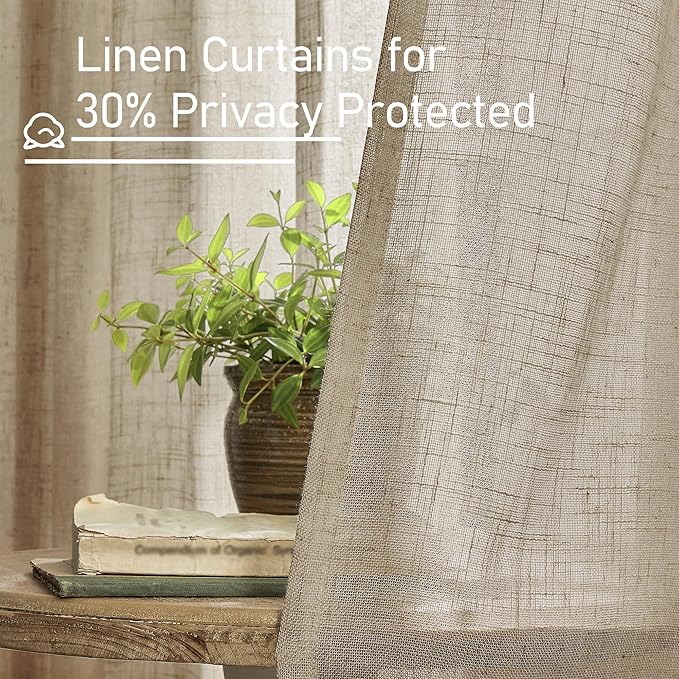 LAMIT Linen Curtains 63 Inch Length 2 Panels for Bedroom, Semi Sheer Drapes Light Filtering Neutral Window Treatments with Bronze Grommet for Living Room Rustic Country Decor, Taupe, 52 X 63 Inch-Ruum Studio Home