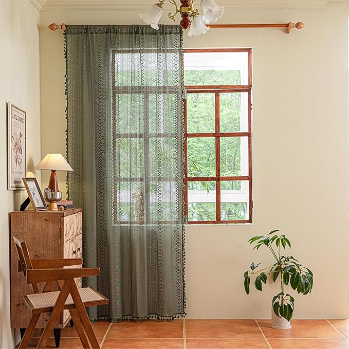 Sutuo Home Olive Green Boho Curtains 63 inches Long for Kitchen Bedroom, Crochet Lace Sheer Bohemian Hollow Knitted Tassels, Privacy Vintage French Retro Farmhouse, Rod Pocket 1 Panel 59" W x 63" L