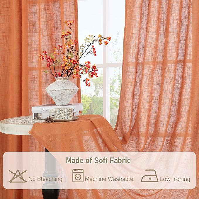 LAMIT Burnt Orange Linen Curtains 40 Inches Long for Windows, Bronze Grommet Semi Sheer Privacy Panels Light Filtering Boho Farmhouse Neutral Drapes for Bedroom/Living Room, 34 x 40 Inch, 2 Panels-Ruum Studio Home