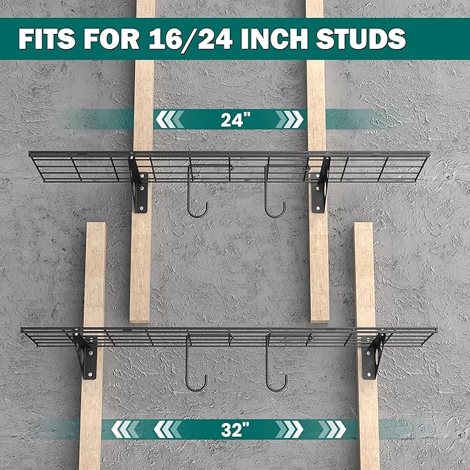 EVERHANGER Garage Wall Shelves, 12 X 48 Inch Wall Mounted Storage Shelves, Heavy Duty Metal Shelving with Hooks, 2 Pack, Black-Ruum Studio Home