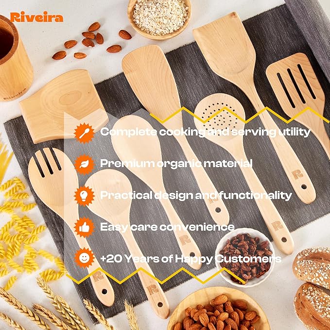 Riveira Maple Wooden Spoons for Cooking Set of 9 – Natural Maple Wooden Cooking Utensils, Wooden Spatula, Wooden Spoon - Premium Quality Wooden Utensil Set for Non-Toxic Cooking-Ruum Studio Home