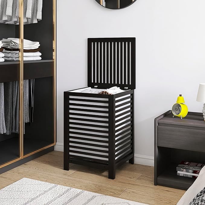 SMIBUY Double Laundry Hamper with Lid, 120L Bamboo Laundry Basket with Removable Liner Bag, 2-Section Clothes Divider Laundry Sorter for Laundry Room, Bathroom, Bedroom (Black)-Ruum Studio Home