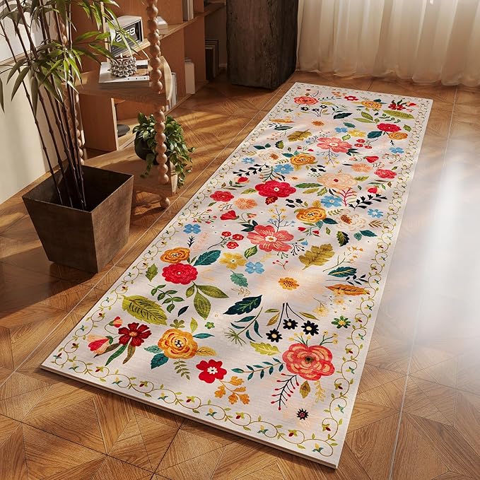Runner Rug for Hallways Kitchen Rug Non Slip 2'6''x8' Washable Rugs with Rubber Backing Soft Floral Carpet Runner for Hallways, Kitchen, Laundry, Bedroom, Bathroom(Beige)-Ruum Studio Home