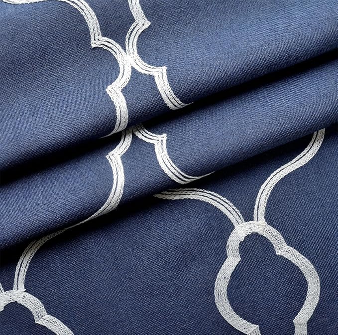 MIUCO Moroccan Embroidery Semi Sheer Curtains Faux Linen Grommet Window Curtains for Living Room 52 x 63 Inch 2 Panels, Navy Blue-Ruum Studio Home