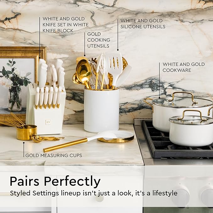 Gold Kitchen Utensils Set - 19-Piece Set Includes Stainless Steel Gold Utensils, White Silicone Tools, and Measuring Cups and Spoons - Luxury Kitchen Accessories for Modern Cooking, Serving, & Gifting-Ruum Studio Home