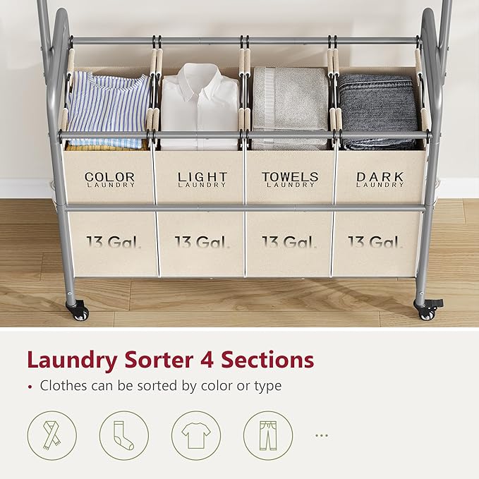 Tajsoon Laundry Hamper with Hanging Rack, Laundry Sorter 4 Sections, 4 Basket Butler with Lockable Wheels and Removable Bag, Rolling Laundry Cart for Bedroom, Beige-Ruum Studio Home