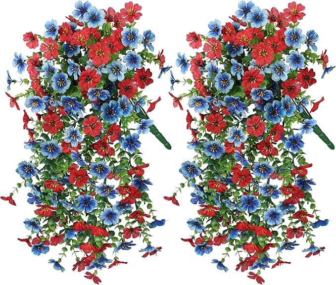 INSPRING Artificial Faux Hanging Flowers Plants for Spring Outdoor Outside Decoration, 2 PCS Fake Silk Daisy with Eucalyptus UV Resistant Realistic Trailing Vines for Balcony Patio Porch (BlueRed)-Ruum Studio Home