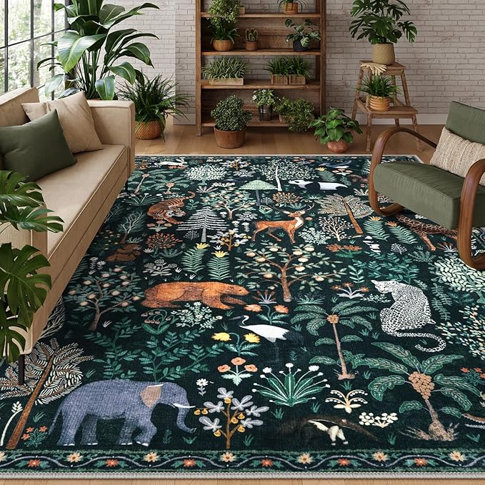 OJIA Jungle Print 9x12 Area Rugs for Living Room, Green Soft Bedroom Rug Washable Rugs 9x12, Modern Dining Room Rug Stain Resistant Ultra-Thin Floor Carpet for Playroom Kids Room Nursery-Ruum Studio Home