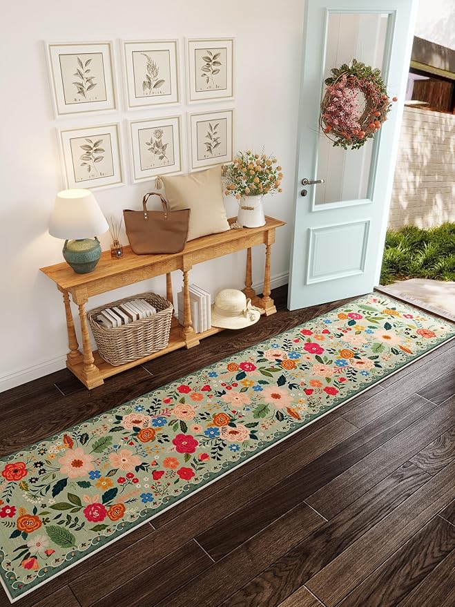 Runners for Hallways Kitchen Runner Rug Non Slip 2'x 10' Long Washable Rugs with Rubber Backing Soft Floral Carpet Runner for Hallways, Kitchen, Laundry, Bedroom, Bathroom(Green)-Ruum Studio Home