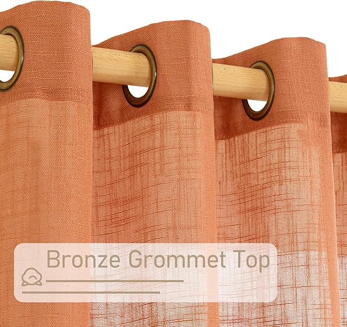 LAMIT Burnt Orange Linen Curtains 40 Inches Long for Windows, Bronze Grommet Semi Sheer Privacy Panels Light Filtering Boho Farmhouse Neutral Drapes for Bedroom/Living Room, 34 x 40 Inch, 2 Panels-Ruum Studio Home