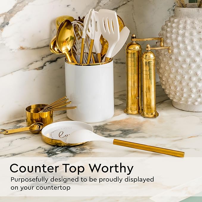 Gold Kitchen Utensils Set - 19-Piece Set Includes Stainless Steel Gold Utensils, White Silicone Tools, and Measuring Cups and Spoons - Luxury Kitchen Accessories for Modern Cooking, Serving, & Gifting-Ruum Studio Home