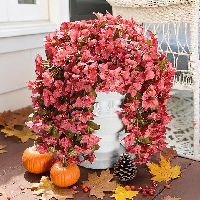 Bougainvillea Artificial Flowers Plants for Outdoors Outside Fall Autumn Decoration, 2 pcs Faux Silk Long Trailing Vines UV Resistant Look Real Red Fake Flowers for Front Door Porch Planter Urn Patio-Ruum Studio Home