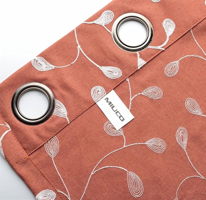 MIUCO Floral Embroidery Semi Sheer Curtains Faux Linen Grommet Curtain Panels for Kids Room 52 x 84 Inch 2 Panels, Rust-Ruum Studio Home