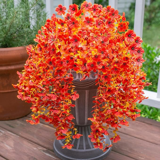 INSPRING Fall Artificial Flowers for Outdoors Fake Silk Flower, 2Pcs Red Orange Daisy Autumn Decor, Realistic Hanging Decoration Plants, UV & Fading Resistant for Porch Patio Balcony Planter-Ruum Studio Home