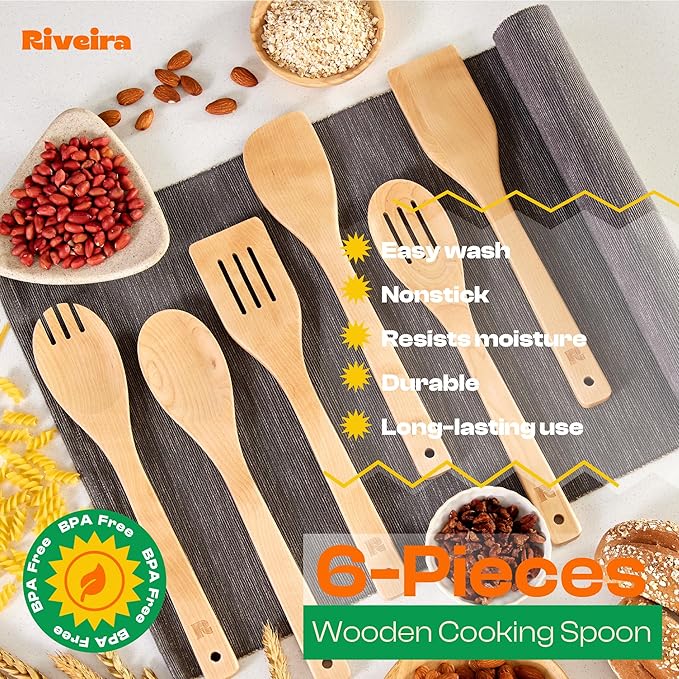 Riveira Maple Wooden Cooking Utensils Set of 6 Premium Non-Toxic Wooden Spoons & Spatula for Cooking-Ruum Studio Home