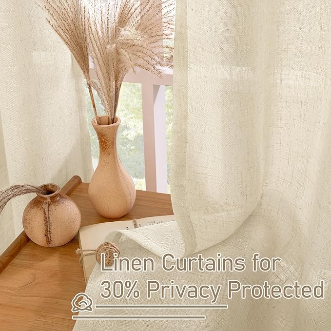 LAMIT Short Window Linen Curtains 30 Inch Length for Cafe, Semi Sheer Light Filtering Panels Bronze Grommet Cafe Drapes for Half Window, 2 Panels, Linen, 34 x 30 Inch-Ruum Studio Home