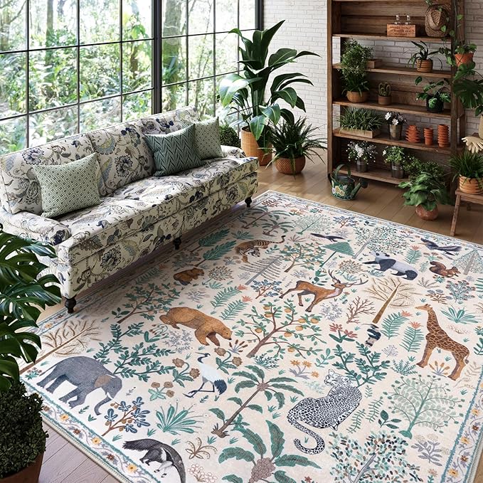 OJIA Jungle Living Room Rug 9x12 Washable Rugs for Bedroom, Ultra-Thin Modern Beige Non-Shedding Large Area Rug Playroom Rug Non-Slip Stain Resistant Accent Carpet for Kids Room Dining-Ruum Studio Home