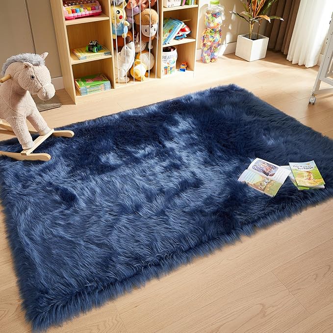 AMTOVO Faux Fur Sheepskin Rug for Living Room, 4 x 6 ft Dark Blue Fluffy Area Rug for Bedroom, Playroom, Luxury Room Decor, Rectangle-Ruum Studio Home