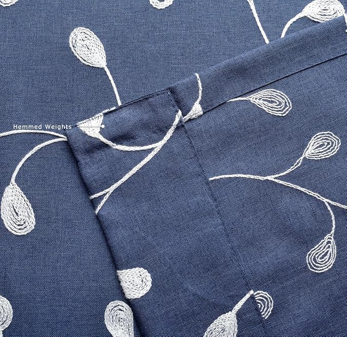 MIUCO Floral Embroidered Semi-Sheer Curtains Faux Linen Grommet Window Panels for Doors 52 x 95 Inch 2 Panels, Navy Blue-Ruum Studio Home