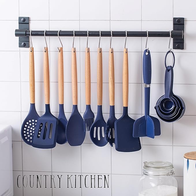 Country Kitchen Non Stick Silicone Utensil Set with Rounded Wood Handles for Cooking and Baking, 38 Piece Set, Navy-Ruum Studio Home