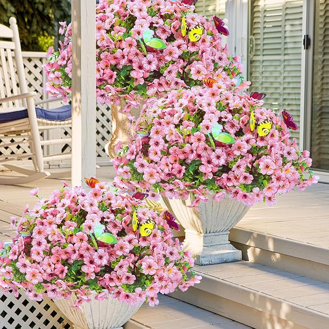 20 Bundles Artificial Flowers for Outdoors with 6 Faux Butterflies, UV Resistant Fake Flowers with Eucalyptus Leaves, Artificial Plants Outdoor for Patio Garden Porch Home Decor (Pink)-Ruum Studio Home