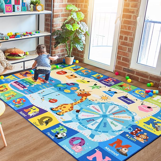 Kids Rugs for Playroom Washable, Educational and Fun Learning Rugs with ABC Alphabet Animals Shapes, Baby Toddler Children's Play Mat for Bedroom Classroom Nursery, 5x7 Feet, Blue-Ruum Studio Home