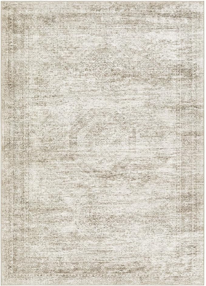 Washable Area Rugs for Living Room -10x14 Neutral Vintage Distressed Floral Farmhouse Boho Large Soft Floor Rug Indoor Non Slip Carpet for Living Room Bedroom Dining Room Office-Beige-Ruum Studio Home