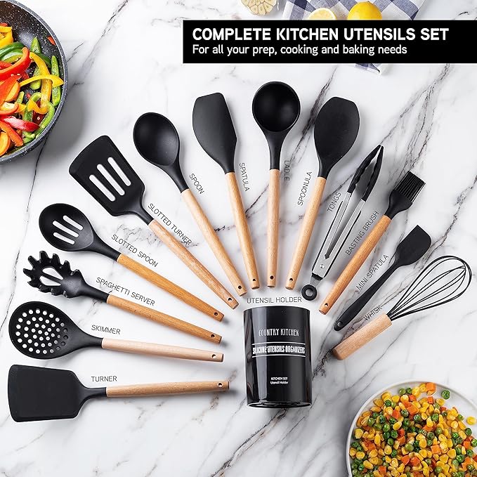 Country Kitchen Non Stick Silicone Utensil Set with Rounded Wood Handles for Cooking and Baking, 14 Piece Set, Black-Ruum Studio Home