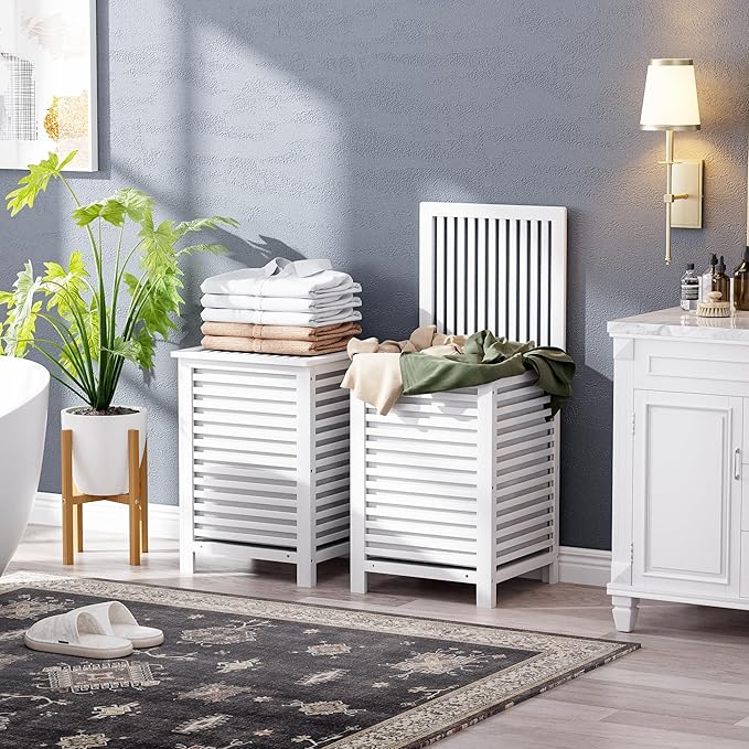 SMIBUY Double Laundry Hamper with Lid, 120L Bamboo Laundry Basket with Removable Liner Bag, 2-Section Clothes Divider Laundry Sorter for Laundry Room, Bathroom, Bedroom (White)-Ruum Studio Home