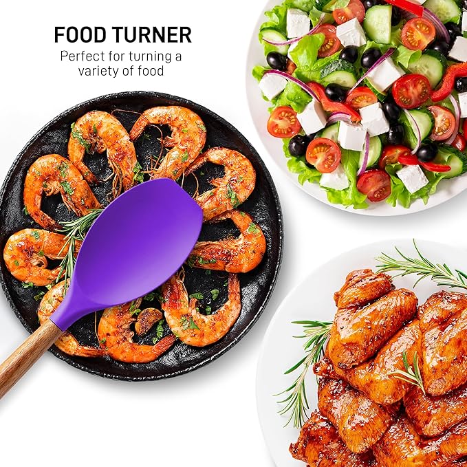 Zulay Kitchen Non-Stick Cooking Utensils Set with Authentic Acacia Wood Handles – 5-Piece Durable & Stylish Silicone Kitchen Utensils Set – Heat Resistant to 464°F – Purple-Ruum Studio Home