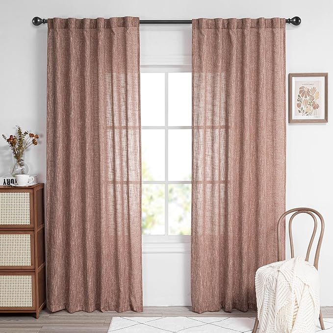MYSKY HOME Cotton Curtains for Living Room Farmhouse Semi Sheer Light Filtering for Windows, Linen Look Texture Soft Modern Decor Country Style, 50" x 84", Brick Red-Ruum Studio Home