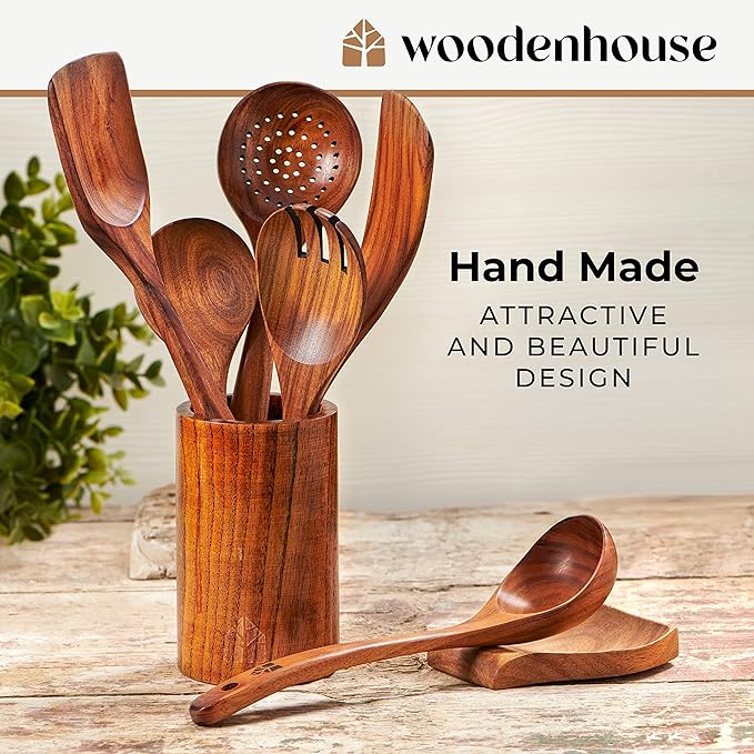 8 Pcs Teak Wooden Utensil Set with Holder, Spoon Rest & 6 Hooks - Durable Wooden Spoons for Cooking with Comfort Grip - Effortless Clean, Non-Stick Friendly-Ruum Studio Home