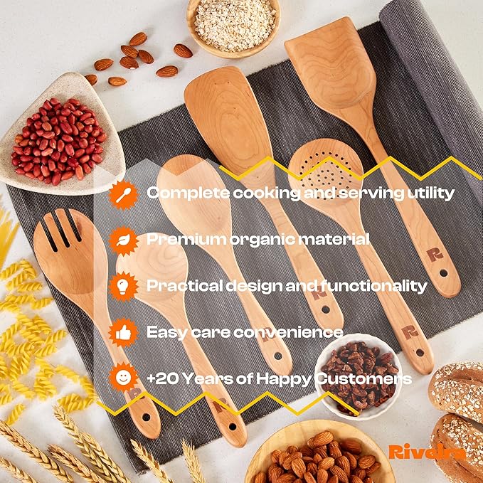 Riveira Cherry Wooden Spoons for Cooking Set of 6 – Natural Cherry Wood Cooking Utensils, Wooden Spatula, Wooden Spoon - Premium Quality Wooden Utensil Set for Non-Toxic Cooking-Ruum Studio Home