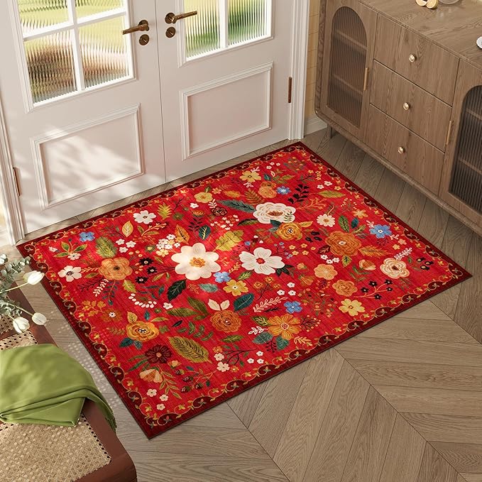Door Mat Indoor Entrance 2x3 Rug Machine Washable Boho Floral Small Area Rug Non-Slip Low Pile Throw Rugs for Entryway, Kitchen, Front Door Indoor Entrance, Entry, Kids Room (Red)-Ruum Studio Home