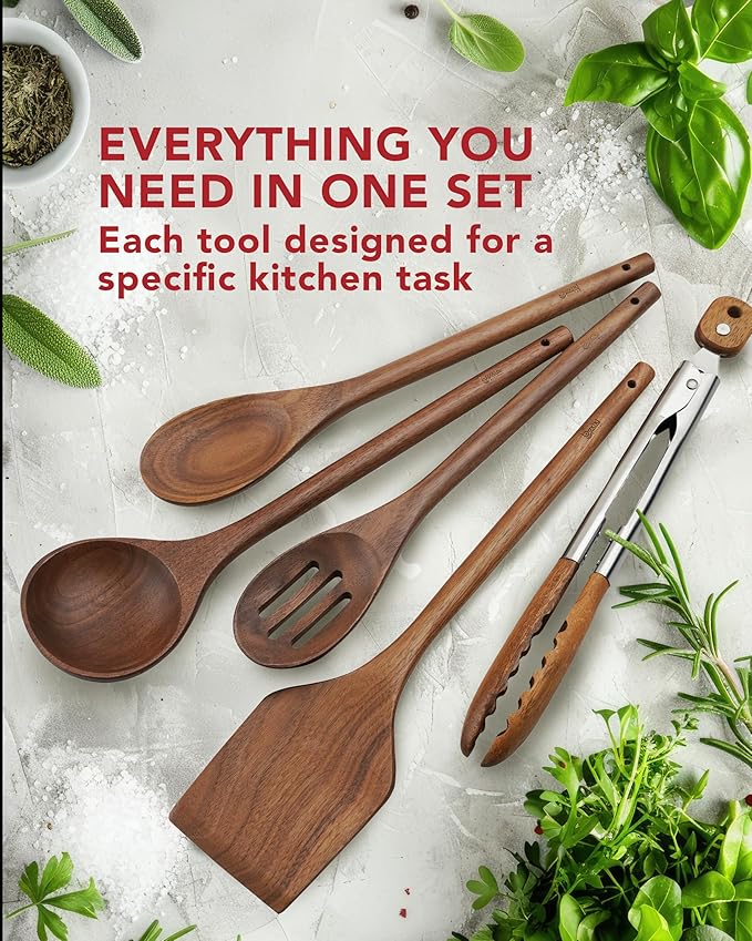 Elegant 5-Piece Walnut Wood Kitchen Utensil Set – Non-Scratch, Heat-Resistant Cooking Utensil Set with Kitchen Tongs, Spoons, Spatula & Ladle – Lightweight, Durable & Perfect for Daily Use or Gifting-Ruum Studio Home