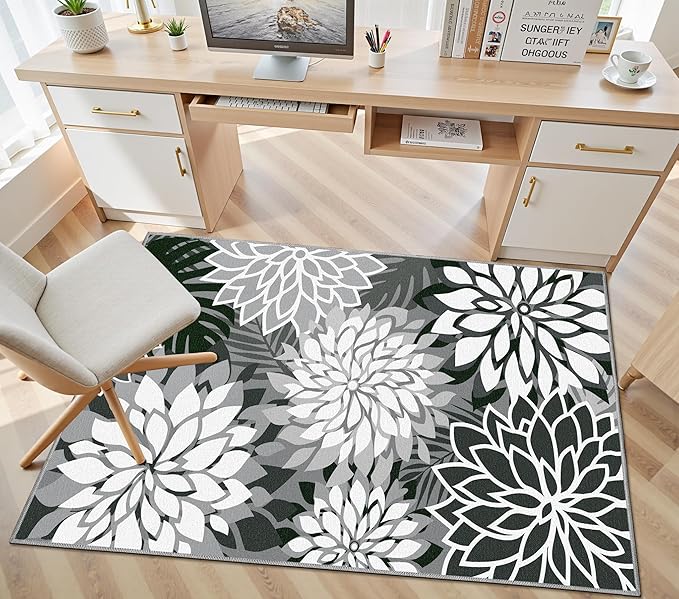 Area Rug 3x5 Black White Washable Entry Rug Multicolored Tropical Botanical Modern Floral Indoor Kitchen Door Mat Entrance Carpet Non Slip for Bedroom Living Room, Porch-Ruum Studio Home