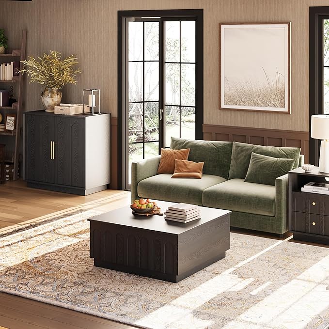 Lift Top Coffee Table with Storage, Modern Coffee Table with Arched Design, 31.5" Square Tea Table with Wood Grain, Minimalist Multifunctional Center Table for Living Room, Office, Black-Ruum Studio Home