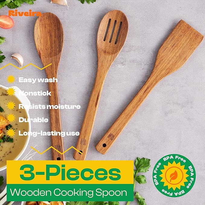 Riveira Teak Wooden Spoons for Cooking Set of 3 – Natural Teak Wooden Cooking Utensils, Wooden Spatula, Wooden Spoon - Premium Quality Wooden Utensil Set for Non-Toxic Cooking-Ruum Studio Home