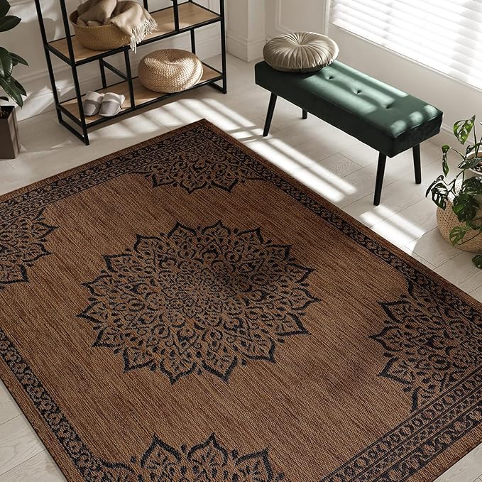 CAMILSON Outdoor Rug, Modern Area Rugs for Indoor and Outdoor Patios, Kitchen and Hallway mats, Washable Porch Deck Outside Carpet (6 x 9, Medallion Nut Brown)-Ruum Studio Home