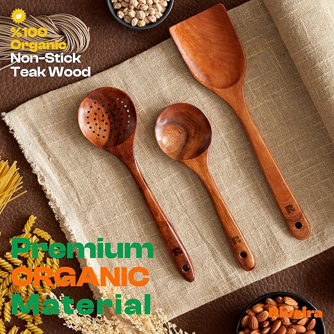 Riveira Set of 3 Dark Teak Spoons for Cooking - Wooden Kitchen Utensil Set - Non-Toxic Cooking Utensils - Wooden Spatula for Cooking - Teak Wood Utensils for Non-Stick Cookware-Ruum Studio Home