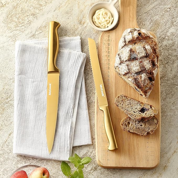 McCook® Knife Sets, Golden Titanium Stainless Steel Kitchen Knife Block Sets with Built-in Sharpener-Ruum Studio Home