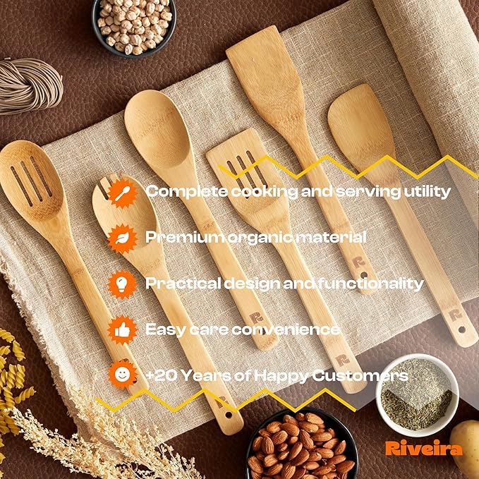 Riveira Bamboo Cooking Spoons 6-Piece – Wooden Cooking Utensils Set with Wooden Spoons for Cooking & Spatulas Wooden Utensil Sets – Premium Kitchen Utensils Set – Durable First Apartment Essentials-Ruum Studio Home