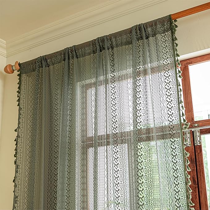 Sutuo Home Olive Green Boho Curtains 63 inches Long for Kitchen Bedroom, Crochet Lace Sheer Bohemian Hollow Knitted Tassels, Privacy Vintage French Retro Farmhouse, Rod Pocket 1 Panel 59" W x 63" L
