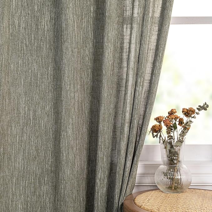 MYSKY HOME 90 Inches Long Living Room Curtains Farmhouse Light Filtering Privacy Curtain Drapes for Patio Door, Linen Look Texture Fabric Bohemian Draperies Soft Touch, 50x90, Olive Green, 2 Panels-Ruum Studio Home