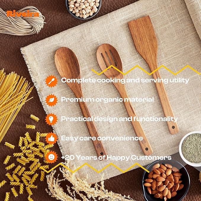 Riveira Teak Wooden Spoons for Cooking Set of 3 – Natural Teak Wooden Cooking Utensils, Wooden Spatula, Wooden Spoon - Premium Quality Wooden Utensil Set for Non-Toxic Cooking-Ruum Studio Home
