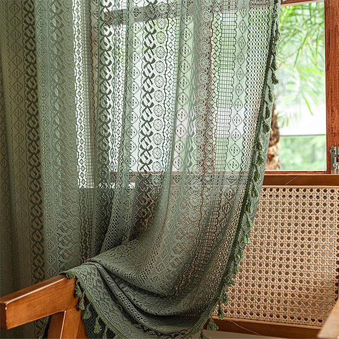 Sutuo Home Olive Green Boho Curtains 63 inches Long for Kitchen Bedroom, Crochet Lace Sheer Bohemian Hollow Knitted Tassels, Privacy Vintage French Retro Farmhouse, Rod Pocket 1 Panel 59" W x 63" L