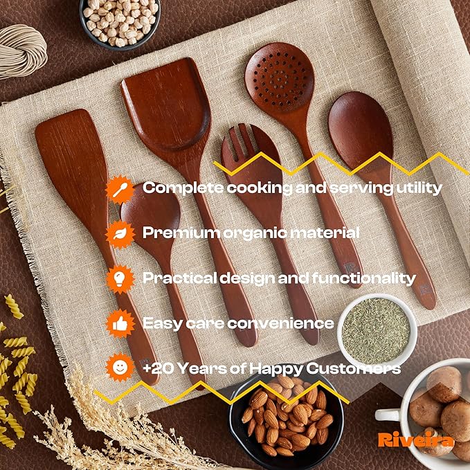 Riveira Set of 6 Premium Brown Bamboo Cooking Utensils - Bamboo Utensils for Cooking - Non-Toxic Kitchen Set - Wooden Kitchen Utensils for Non-Stick Cookware-Ruum Studio Home