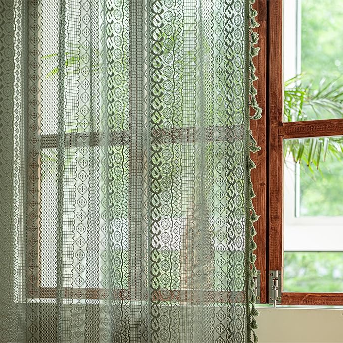 Sutuo Home Olive Green Boho Curtains 63 inches Long for Kitchen Bedroom, Crochet Lace Sheer Bohemian Hollow Knitted Tassels, Privacy Vintage French Retro Farmhouse, Rod Pocket 1 Panel 59" W x 63" L